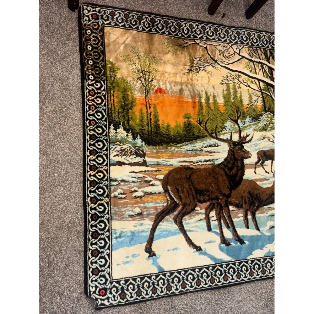 Vtg Velvet Deer Forest Winter Scene Wall Tapestry Hanging XL 75x50 Rustic Cabin - Picture 2 of 9